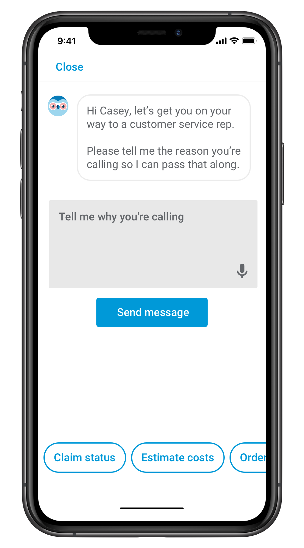 Premera chatbot: initial message screen