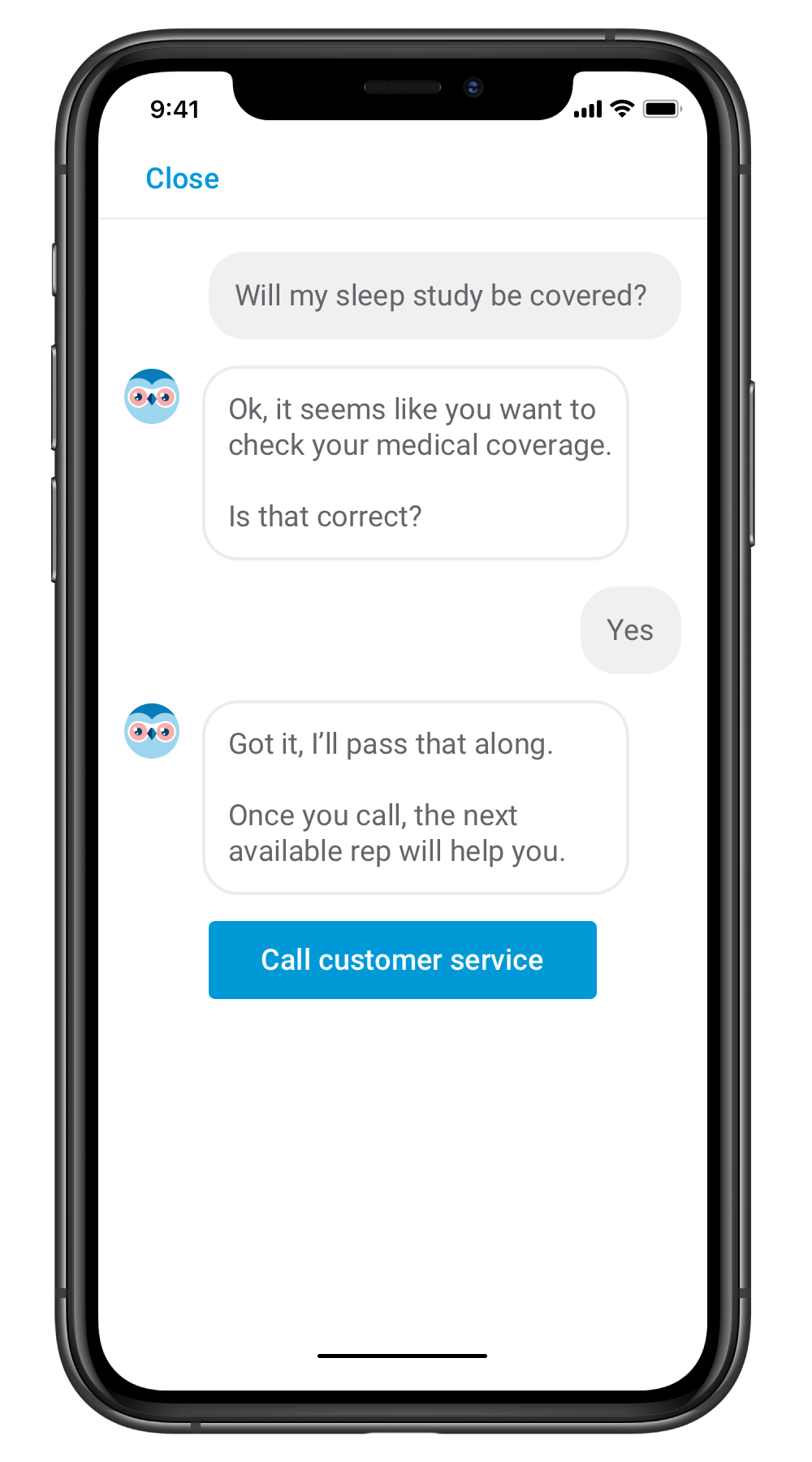 Premera chatbot: confirmation and call screen