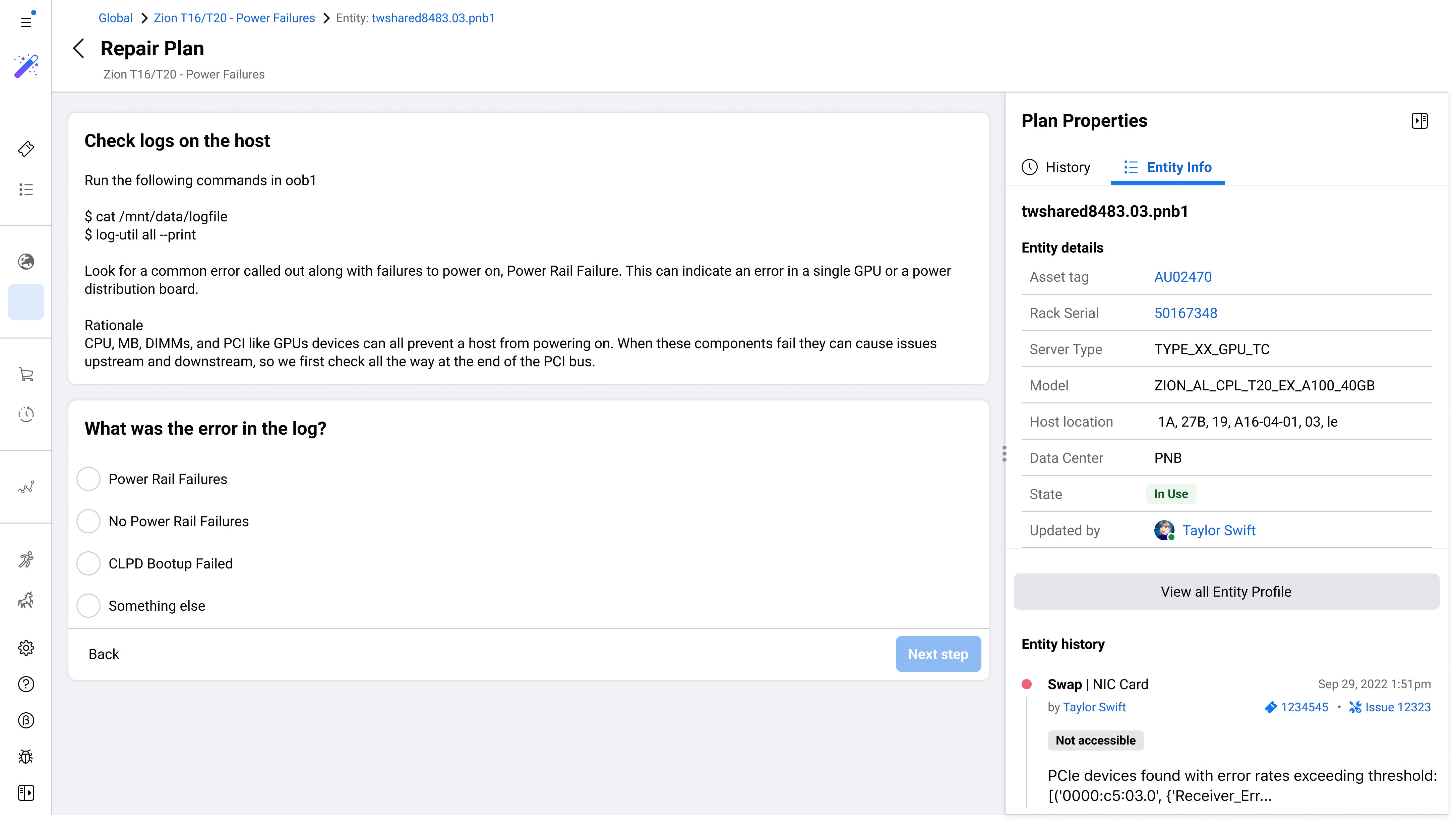 Repair Plan screen showing branching decision step