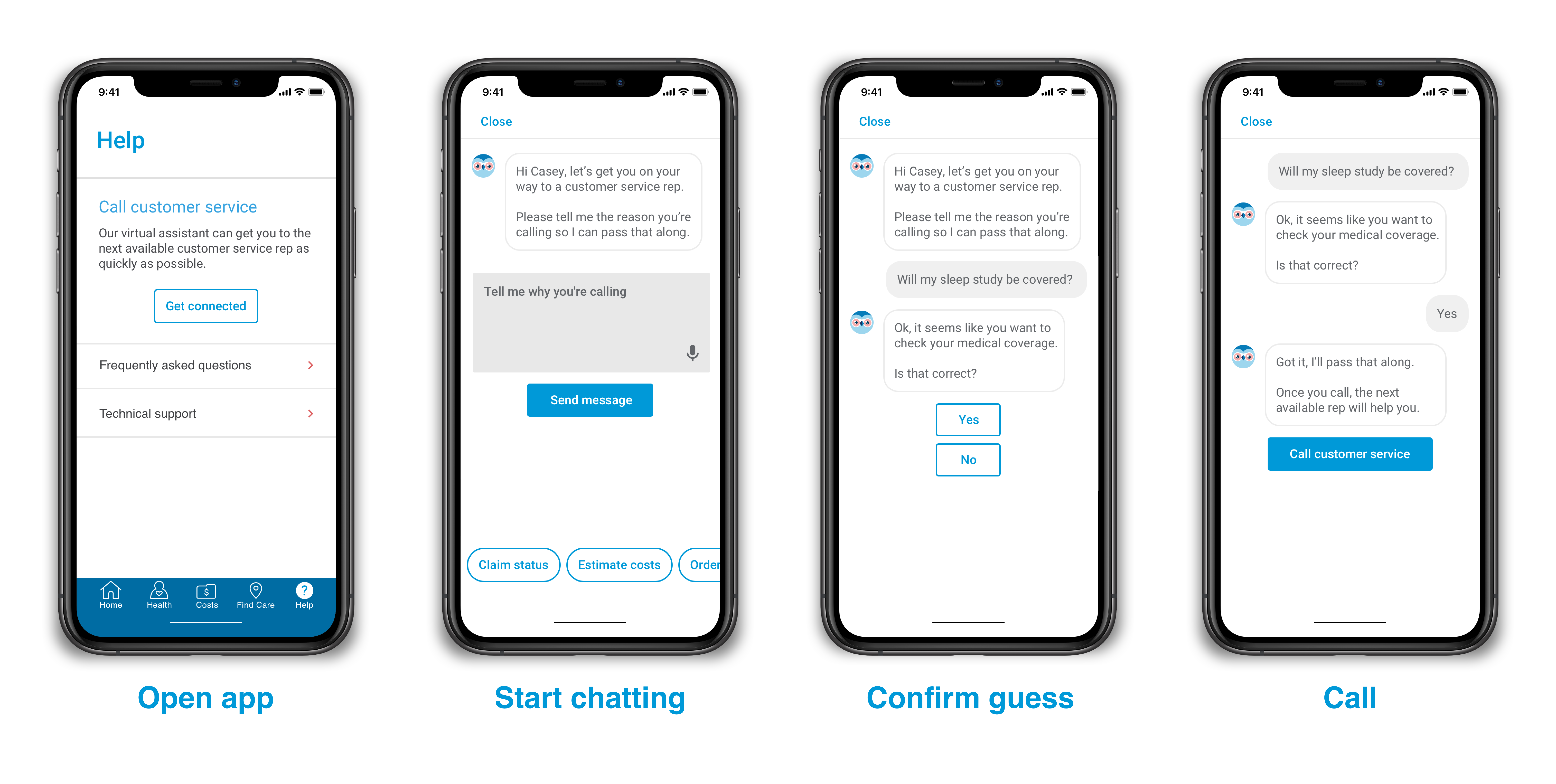 High fidelity designs showing the complete chatbot flow across 4 screens