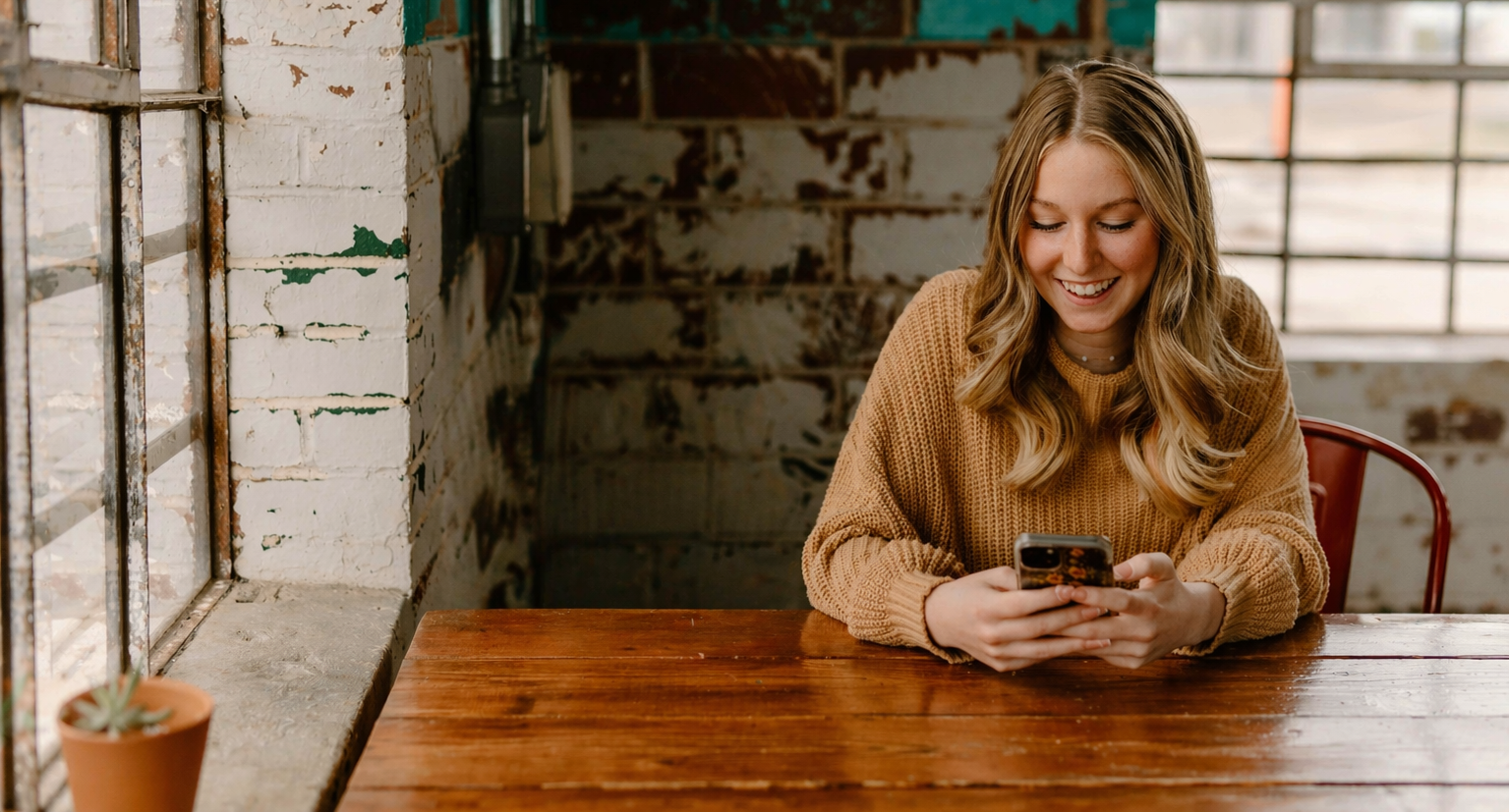 Person smiling while using their phone