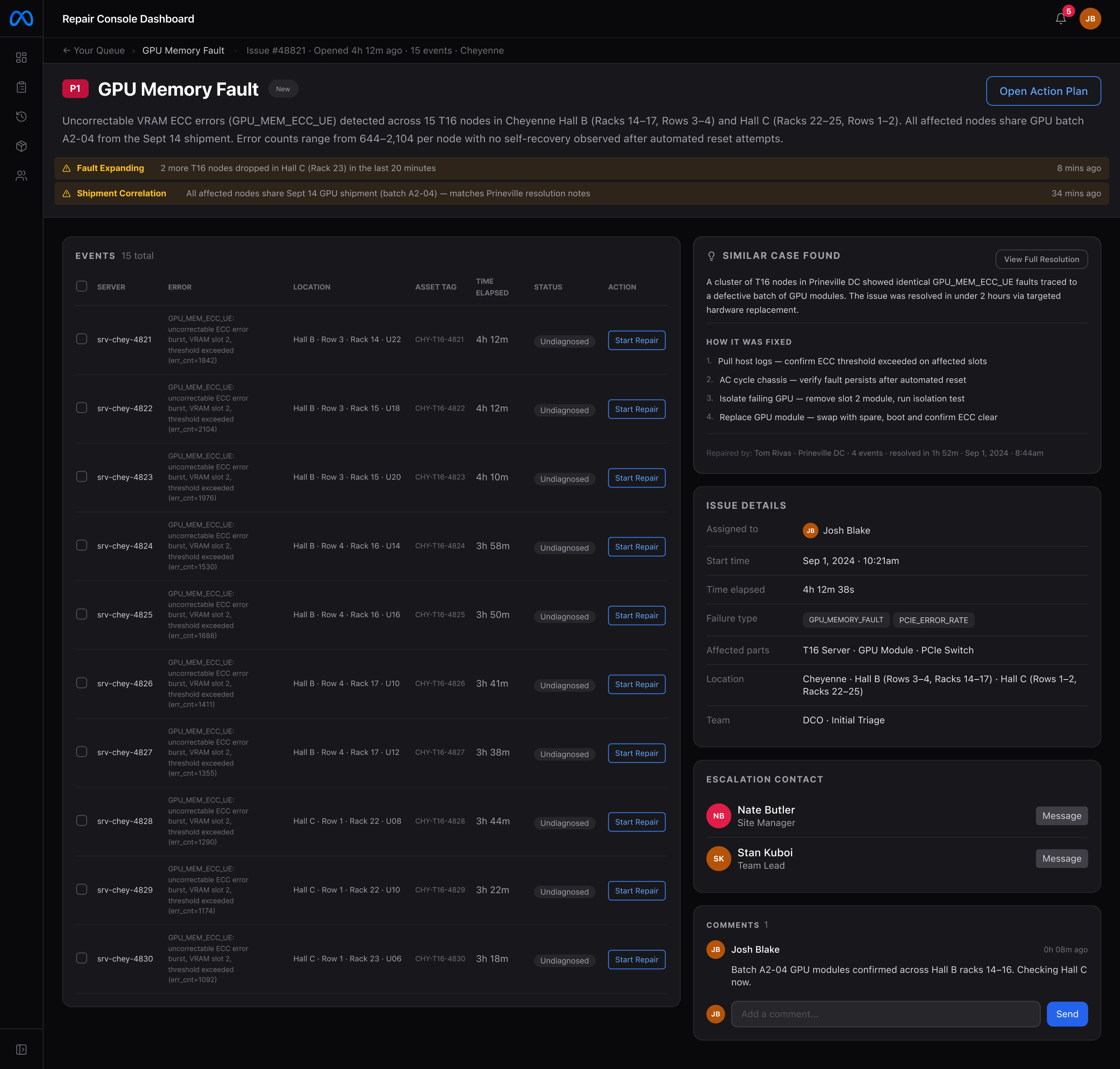 Issue detail view showing all events grouped under a GPU Memory Fault, with a similar case found from another data center and a recommended resolution path